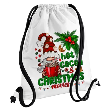 Hot cocoa and Christmas movies, Τσάντα πλάτης πουγκί GYMBAG λευκή, με τσέπη (40x48cm) & χονδρά κορδόνια