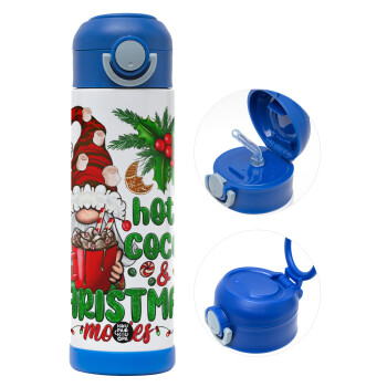 Hot cocoa and Christmas movies, Children's hot water bottle, stainless steel, with safety straw, BLUE (500ml)