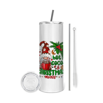 Hot cocoa and Christmas movies, Eco friendly stainless steel tumbler 600ml, with metal straw & cleaning brush