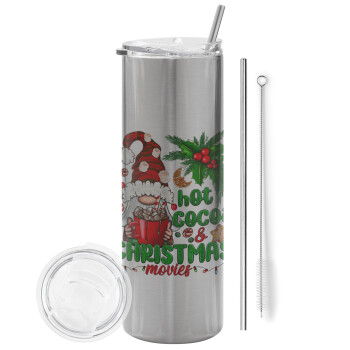 Hot cocoa and Christmas movies, Eco friendly stainless steel Silver tumbler 600ml, with metal straw & cleaning brush