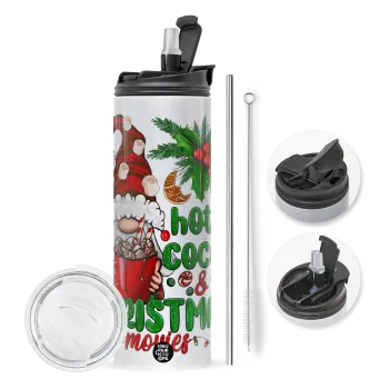 Hot cocoa and Christmas movies, Travel Tumbler θερμό με διπλό καπάκι, μεταλλικό καλαμάκι και βούρτσα καθαρισμού (Ανωξείδωτο 304 Food grade, BPA free, 600ml)