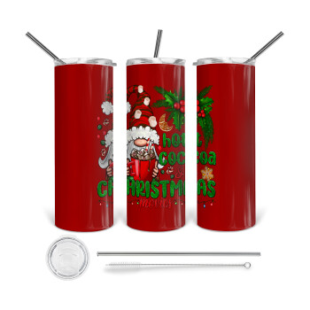 Hot cocoa and Christmas movies, Tumbler ποτήρι θερμό από ανοξείδωτο ατσάλι 600ml, με μεταλλικό καλαμάκι & βούρτσα καθαρισμού