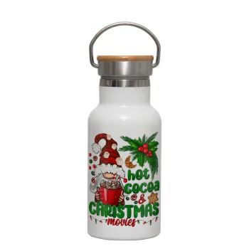 Hot cocoa and Christmas movies, Μεταλλικό παγούρι θερμός (Stainless steel) Λευκό με ξύλινο καπακι (bamboo), διπλού τοιχώματος, 350ml