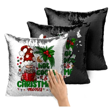 Hot cocoa and Christmas movies, Μαξιλάρι καναπέ Μαγικό Μαύρο με πούλιες 40x40cm περιέχεται το γέμισμα