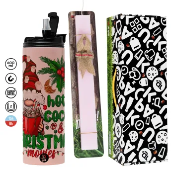 Hot cocoa and Christmas movies, Πασχαλινή Λαμπάδα με  ΡΟΖ Travel Tumbler θερμό (600ml, BPA free) & κερί αρωματικό πλακέ (30cm) (ΡΟΖ)