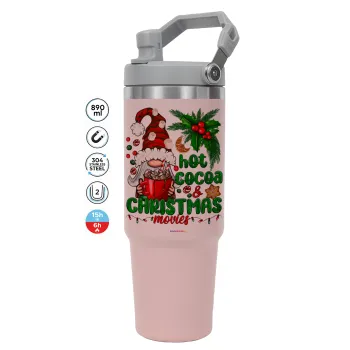 Hot cocoa and Christmas movies, ΡΟΖ χρώματος Θερμός Ανοξείδωτο 890ml (30oz) με χερούλι