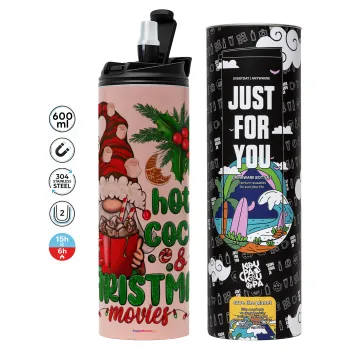 Hot cocoa and Christmas movies, Tumbler ποτήρι θερμό ΡΟΖ από ανοξείδωτο ατσάλι 600ml