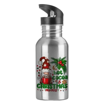 Hot cocoa and Christmas movies, Παγούρι νερού Ασημένιο με καλαμάκι, ανοξείδωτο ατσάλι 600ml
