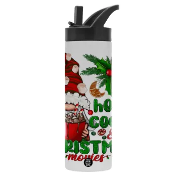 Hot cocoa and Christmas movies, Metallic thermos bottle with straw & handle, stainless steel (Stainless steel 304), double-walled, 600ml.
