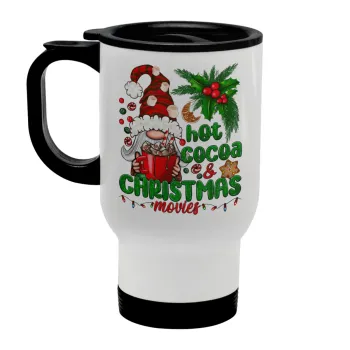 Hot cocoa and Christmas movies, Κούπα ταξιδιού ανοξείδωτη με καπάκι, διπλού τοιχώματος (θερμό) λευκή 450ml
