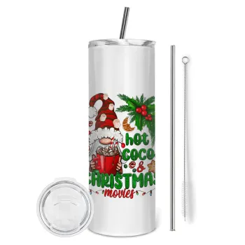 Hot cocoa and Christmas movies, Tumbler ποτήρι θερμό από ανοξείδωτο ατσάλι 600ml, με μεταλλικό καλαμάκι & βούρτσα καθαρισμού