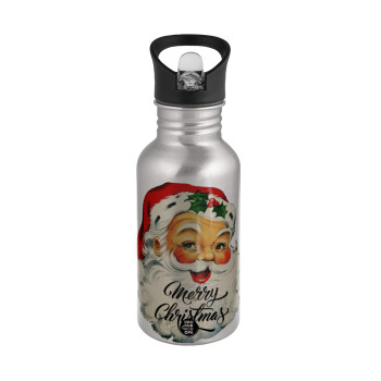 Santa vintage, Water bottle Silver with straw, stainless steel 500ml