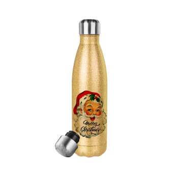 Santa vintage, Glitter gold stainless steel thermos bottle, double-walled, 500ml
