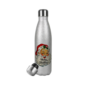 Santa vintage, Metallic Glitter Silver Thermos Flask (Stainless steel), double-walled, 500ml