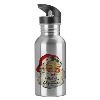 Santa vintage, Water bottle Silver with straw, stainless steel 600ml
