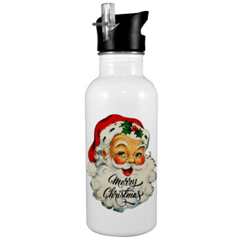 Santa vintage, White water bottle with straw, stainless steel 600ml