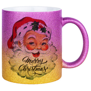 Santa vintage, Κούπα Χρυσή/Ροζ Glitter, κεραμική, 330ml