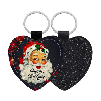 Santa vintage, Μπρελόκ PU δερμάτινο glitter καρδιά ΜΑΥΡΟ