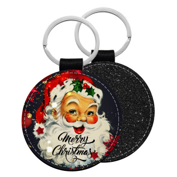 Santa vintage, Μπρελόκ Δερματίνη, στρογγυλό ΜΑΥΡΟ (5cm)