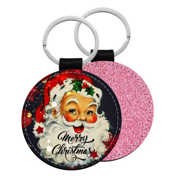 Santa vintage, Μπρελόκ Δερματίνη, στρογγυλό ΡΟΖ (5cm)