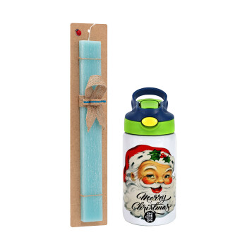 Santa vintage, Πασχαλινό Σετ, Παιδικό παγούρι θερμό, ανοξείδωτο, με καλαμάκι ασφαλείας, πράσινο/μπλε (350ml) & πασχαλινή λαμπάδα αρωματική πλακέ (30cm) (ΤΙΡΚΟΥΑΖ)