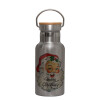 Stainless steel metallic thermos flask, silver with a bamboo lid, double-walled, 350ml.