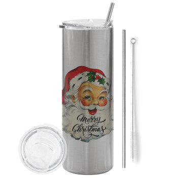 Santa vintage, Eco friendly stainless steel Silver tumbler 600ml, with metal straw & cleaning brush