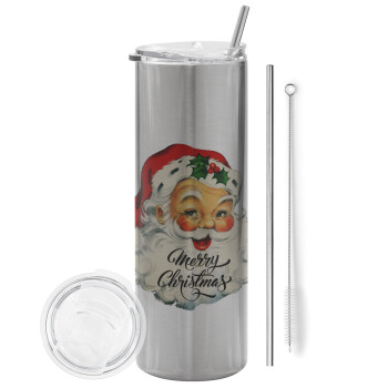 Santa vintage, Tumbler stainless steel Silver 600ml, with metal straw & cleaning brush