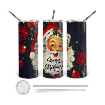 Santa vintage, Tumbler ποτήρι θερμό από ανοξείδωτο ατσάλι 600ml, με μεταλλικό καλαμάκι & βούρτσα καθαρισμού