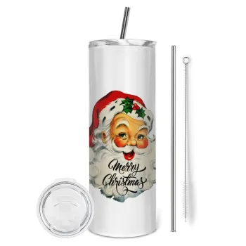 Santa vintage, Tumbler ποτήρι θερμό από ανοξείδωτο ατσάλι 600ml, με μεταλλικό καλαμάκι & βούρτσα καθαρισμού