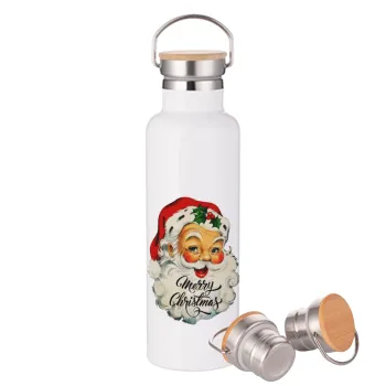 Santa vintage, Μεταλλικό παγούρι θερμός (Stainless steel) Λευκό με ξύλινο καπάκι (bamboo), διπλού τοιχώματος, 750ml