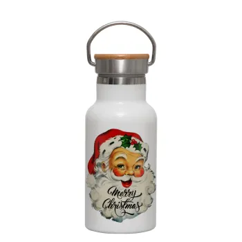 Santa vintage, Μεταλλικό παγούρι θερμός (Stainless steel) Λευκό με ξύλινο καπακι (bamboo), διπλού τοιχώματος, 350ml