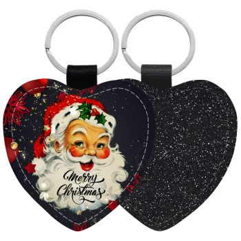 Santa vintage, Μπρελόκ PU δερμάτινο glitter καρδιά ΜΑΥΡΟ
