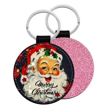 Santa vintage, Μπρελόκ Δερματίνη, στρογγυλό ΡΟΖ (5cm)