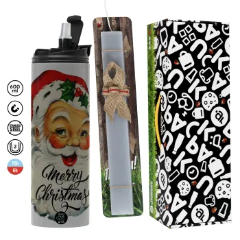Santa vintage, Πασχαλινή Λαμπάδα με Travel Tumbler θερμό (600ml, BPA free) & κερί αρωματικό πλακέ (30cm) (ΓΚΡΙ)