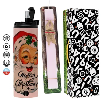 Santa vintage, Πασχαλινή Λαμπάδα με  ΡΟΖ Travel Tumbler θερμό (600ml, BPA free) & κερί αρωματικό πλακέ (30cm) (ΡΟΖ)