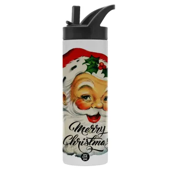 Santa vintage, Metallic thermos bottle with straw & handle, stainless steel (Stainless steel 304), double-walled, 600ml.