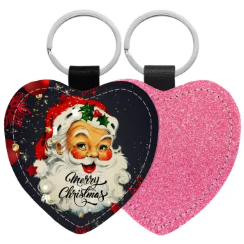 Santa vintage, Μπρελόκ PU δερμάτινο glitter καρδιά ΡΟΖ