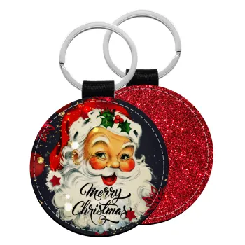 Santa vintage, Μπρελόκ Δερματίνη, στρογγυλό ΚΟΚΚΙΝΟ (5cm)