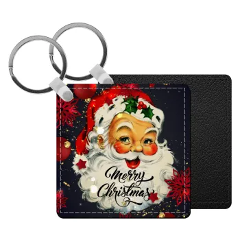 Santa vintage, Μπρελόκ Δερματίνη, τετράγωνο ΜΑΥΡΟ (5x5cm)