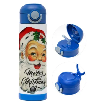 Santa vintage, Παιδικό παγούρι θερμό, ανοξείδωτο, με καλαμάκι ασφαλείας, ΜΠΛΕ (500ml)