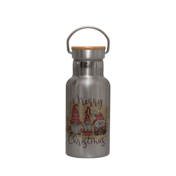 Xmas Elves, Stainless steel metallic thermos flask, silver with a bamboo lid, double-walled, 350ml.