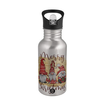 Xmas Elves, Water bottle Silver with straw, stainless steel 500ml