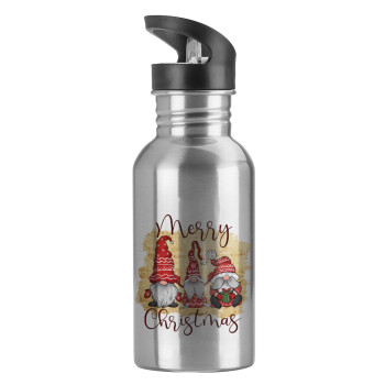 Xmas Elves, Water bottle Silver with straw, stainless steel 600ml