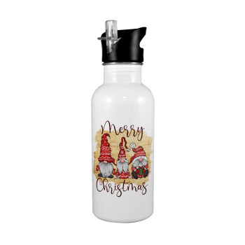 Xmas Elves, White water bottle with straw, stainless steel 600ml