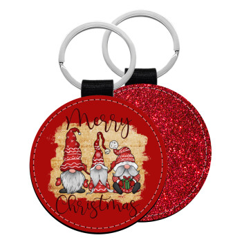 Xmas Elves, Μπρελόκ Δερματίνη, στρογγυλό ΚΟΚΚΙΝΟ (5cm)