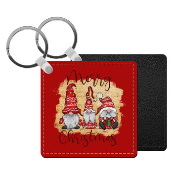 Xmas Elves, Μπρελόκ Δερματίνη, τετράγωνο ΜΑΥΡΟ (5x5cm)