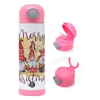 Xmas Elves, Children's hot water bottle, stainless steel, with safety straw, PINK (500ml)