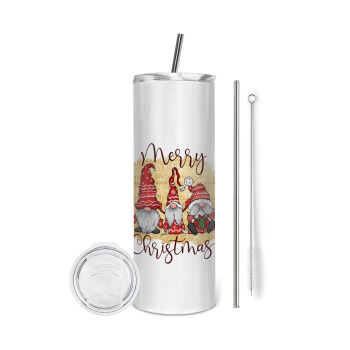Xmas Elves, Eco friendly stainless steel tumbler 600ml, with metal straw & cleaning brush