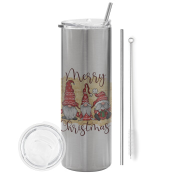 Xmas Elves, Tumbler stainless steel Silver 600ml, with metal straw & cleaning brush